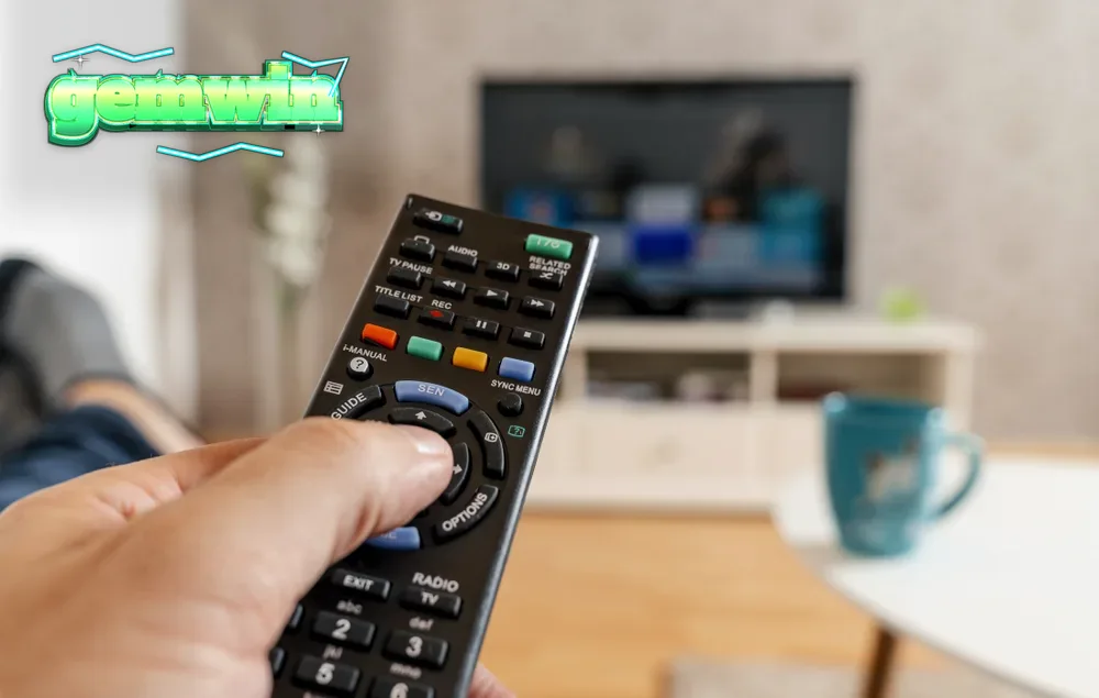 Một không gian phòng khách hiện đại với màn hình TV hiển thị quảng cáo trò chơi slot đầy màu sắc và sống động.